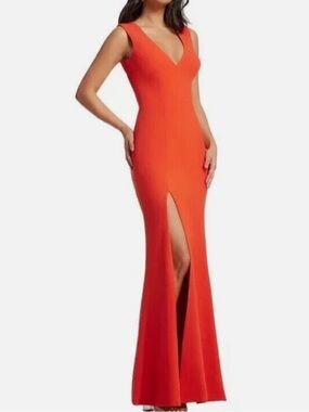Dress the population sandra plunge neck gown side slit color poppy NWT SZ S